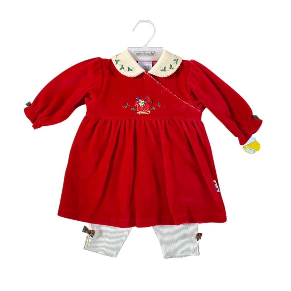 MINIBASIX RED VELVET CHRISTMAS 3 MO. NEWBORN OUTFIT EMBROIDERED SLEIGH/HOLLY NWT